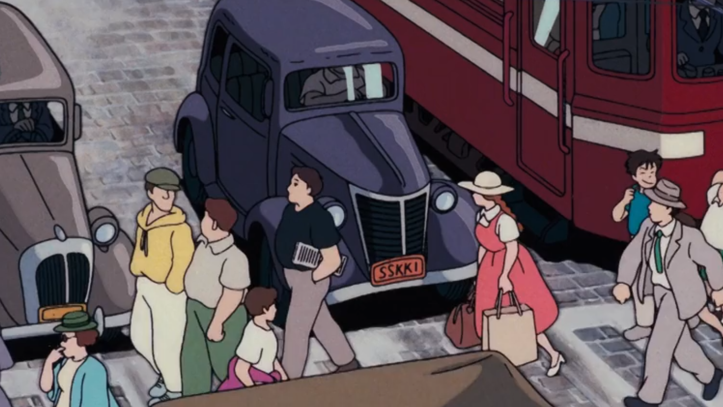 A frame from Kiki's Delivery Service featuring a car with a number plate reading sskki